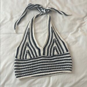 Striped Halter Knit Top - Navy and White
